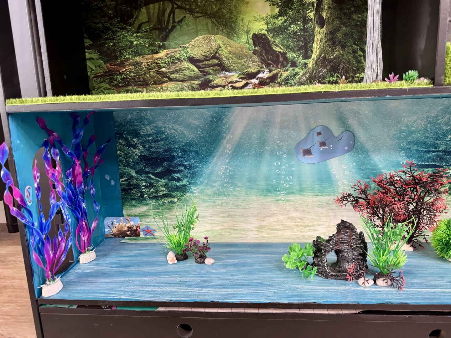 An underwater ocean level with purple and green seaweed, coral, a rocky cave, and a sunlit blue backdrop
